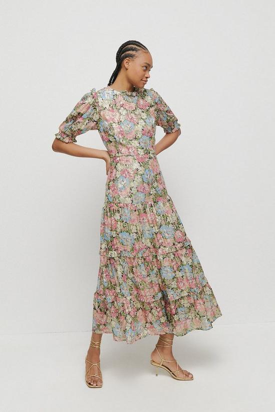 Warehouse Petite Floral Sparkle Frill Tiered Midi Dress 1