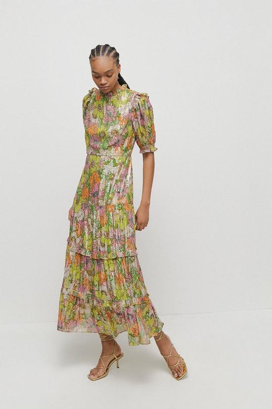 Warehouse Sparkle Frill Tiered Midi Dress In Floral 1