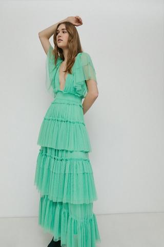Product V Neck Tulle Maxi Dress green