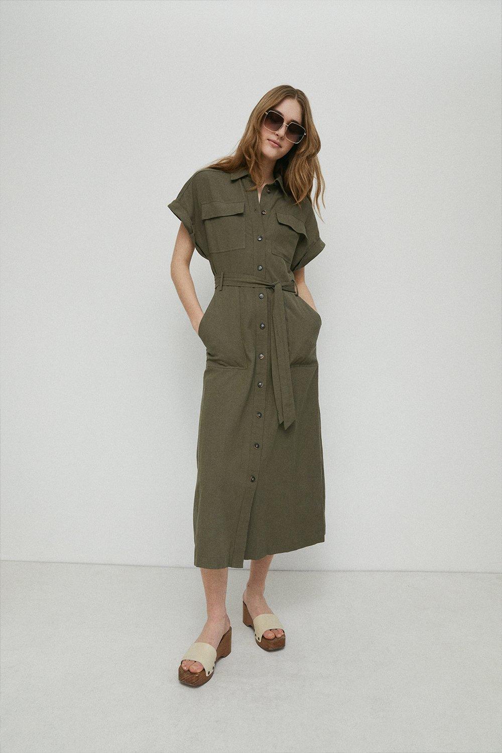 Womens Linen Mix Utility Pocket Midi Shirt Dress - khaki