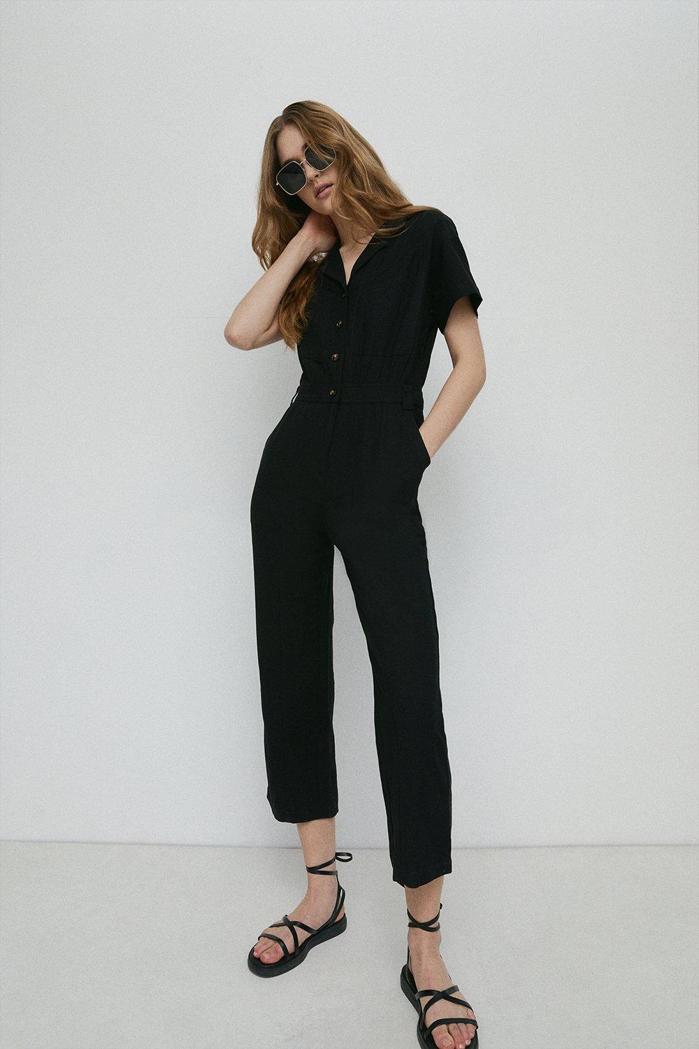 Womens Linen Mix Utility Short Sleeve Boilersuit - black