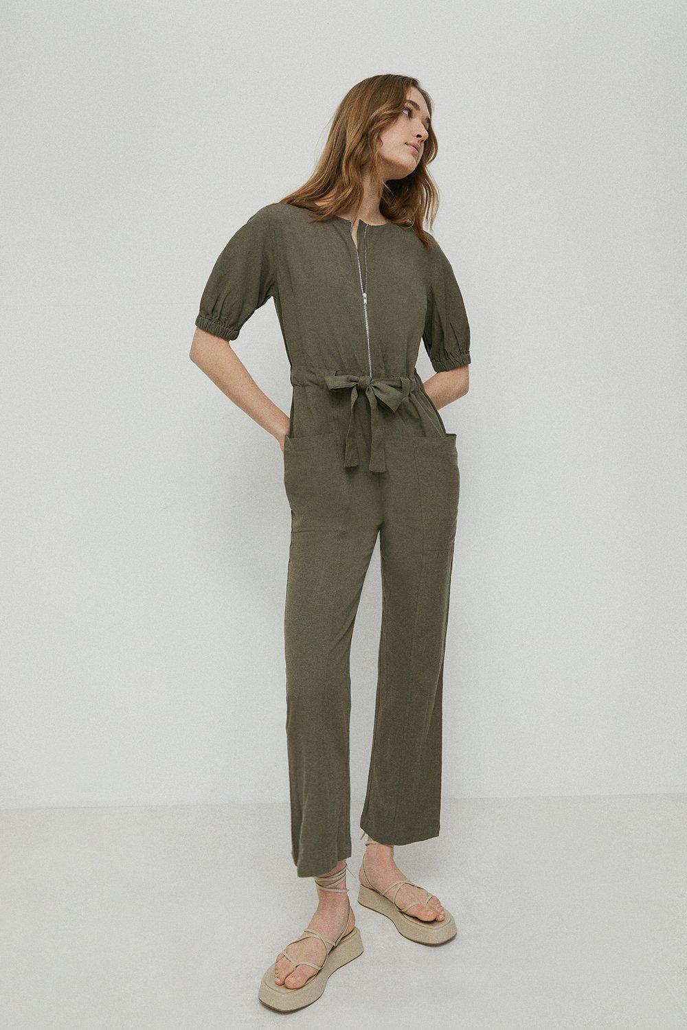 Womens Linen Mix Zip Front Puff Sleeve Boilersuit - khaki