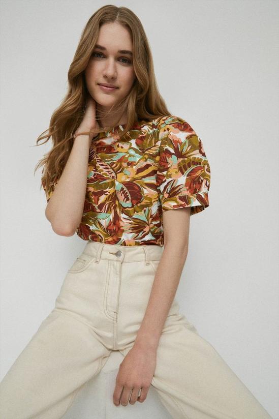 Warehouse Linen Mix Printed Puff Sleeve Button Back Top 1