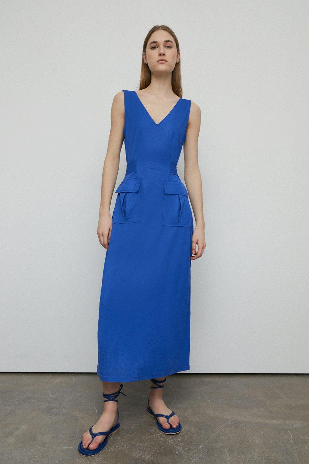 Womens Pique Utility Tie Waist Dress - blue