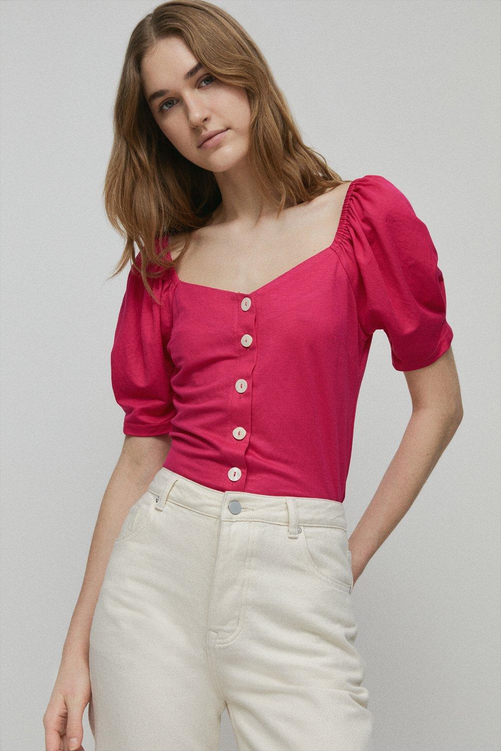 Womens Pique Sweetheart Neck Top - bright pink