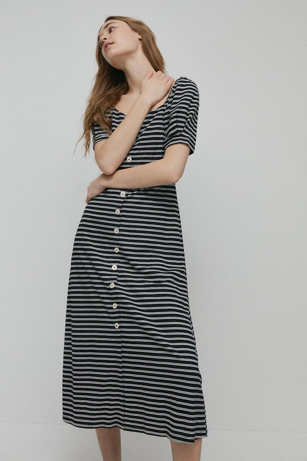 Womens Stripe Pique Sweetheart Neck Midi Dress - black