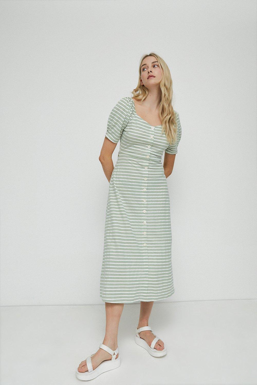 Womens Stripe Pique Sweetheart Neck Midi Dress - green