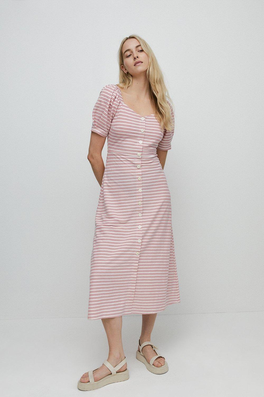 Womens Stripe Pique Sweetheart Neck Midi Dress - pink