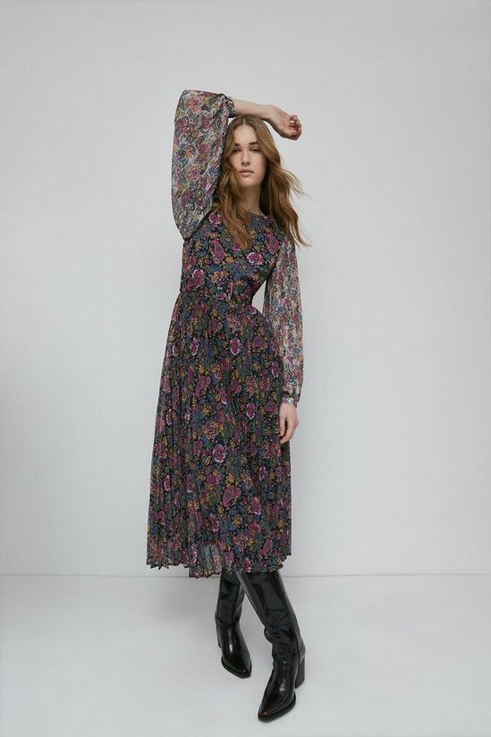 Warehouse Belted Pleated Midi Dress In Mix Floral 1