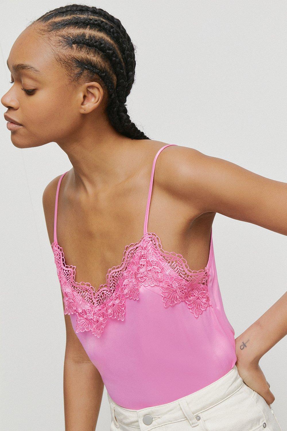 Womens Satin Lace Cami - pink