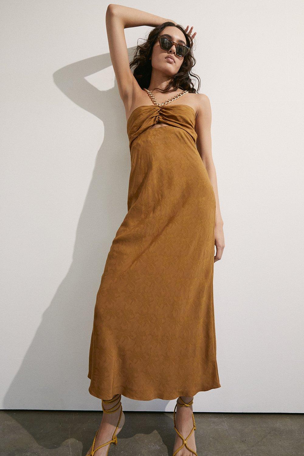 Womens Gold Chain Jacquard Midi Dress - rust