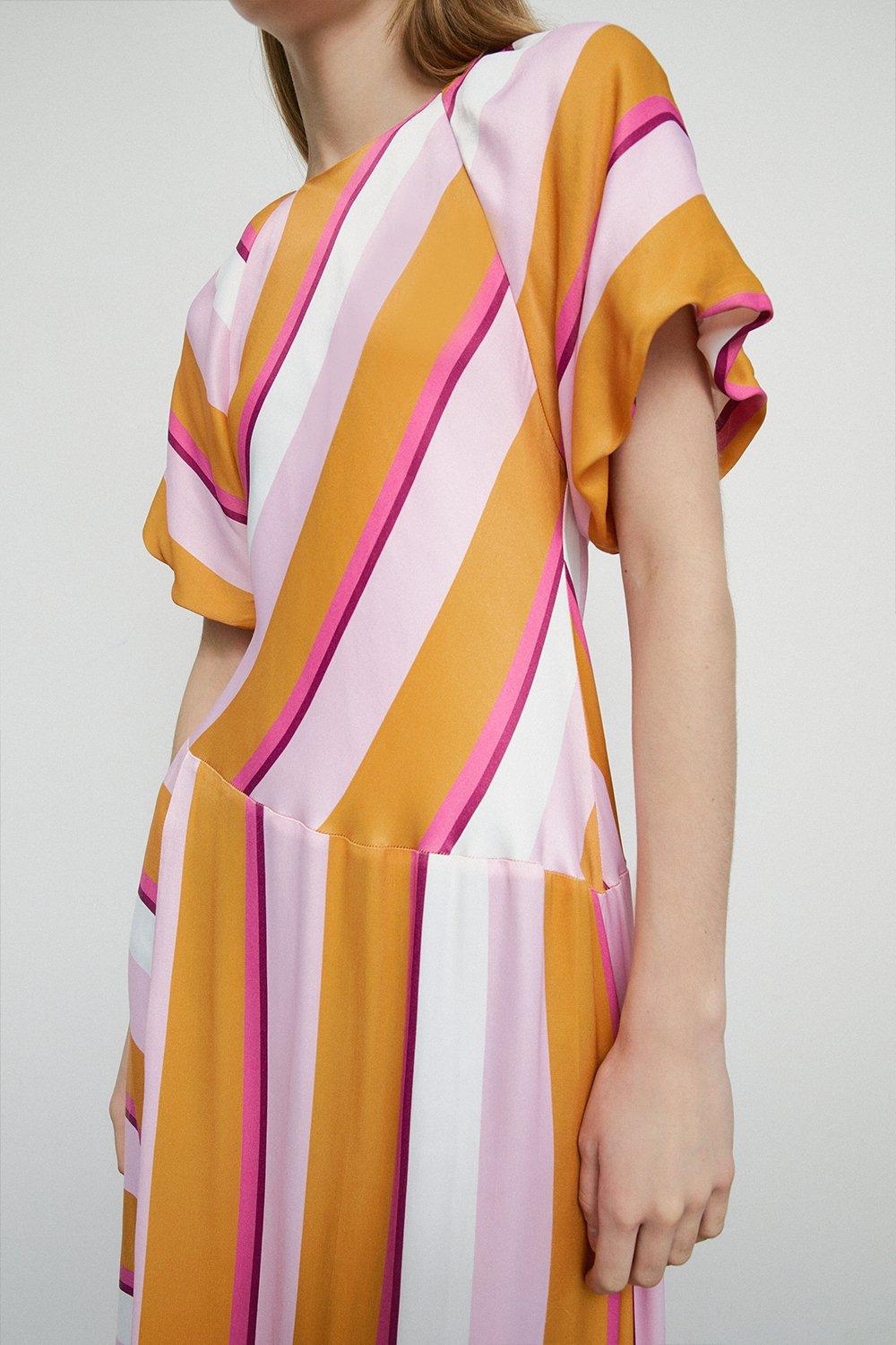 Womens Petite Satin Puff Sleeve Stripe Midi Dress - multi