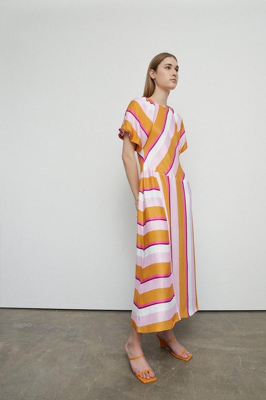 Warehouse Petite Satin Puff Sleeve Stripe Midi Dress 2