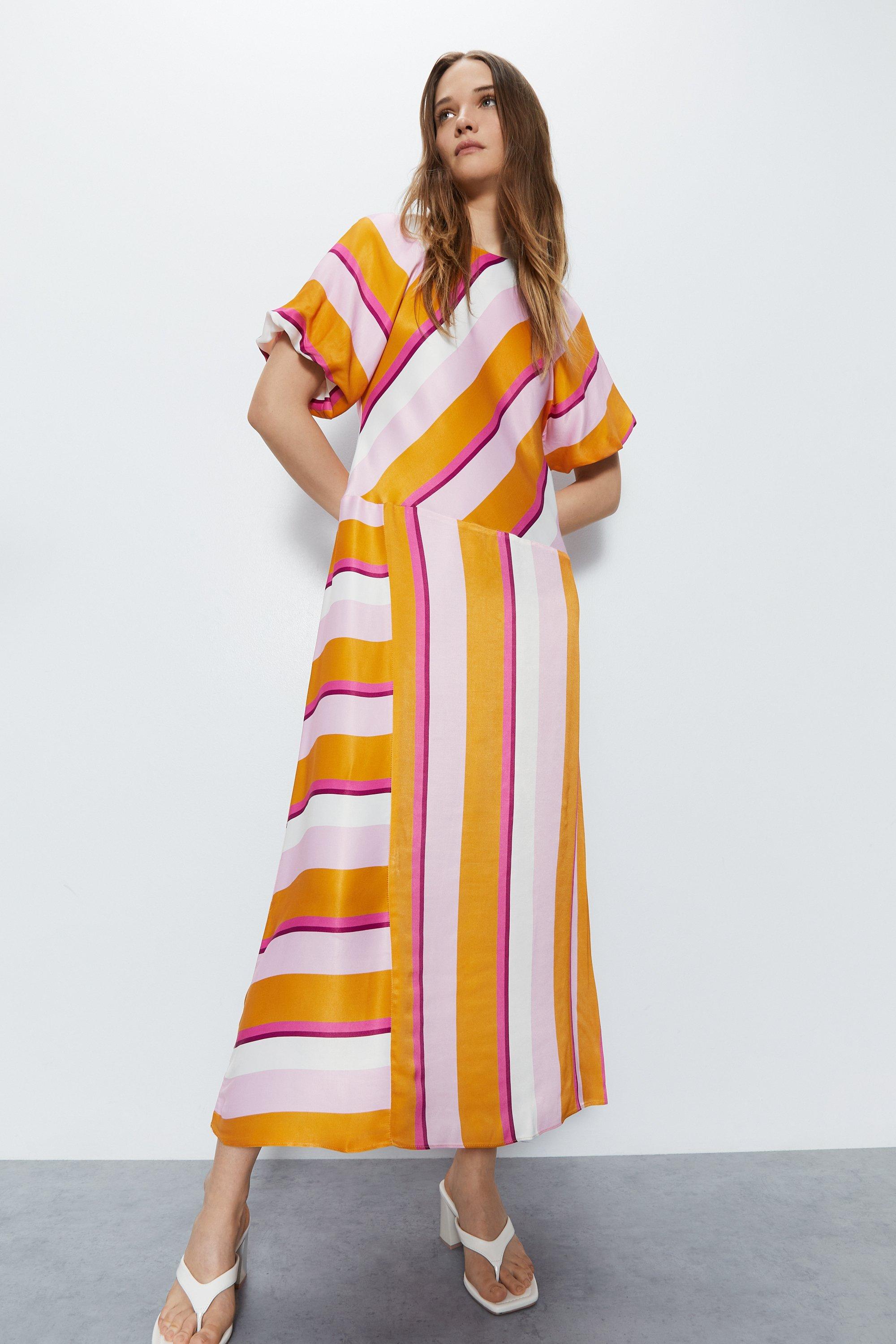 Womens Satin Puff Sleeve Stripe Midi Dress - multi