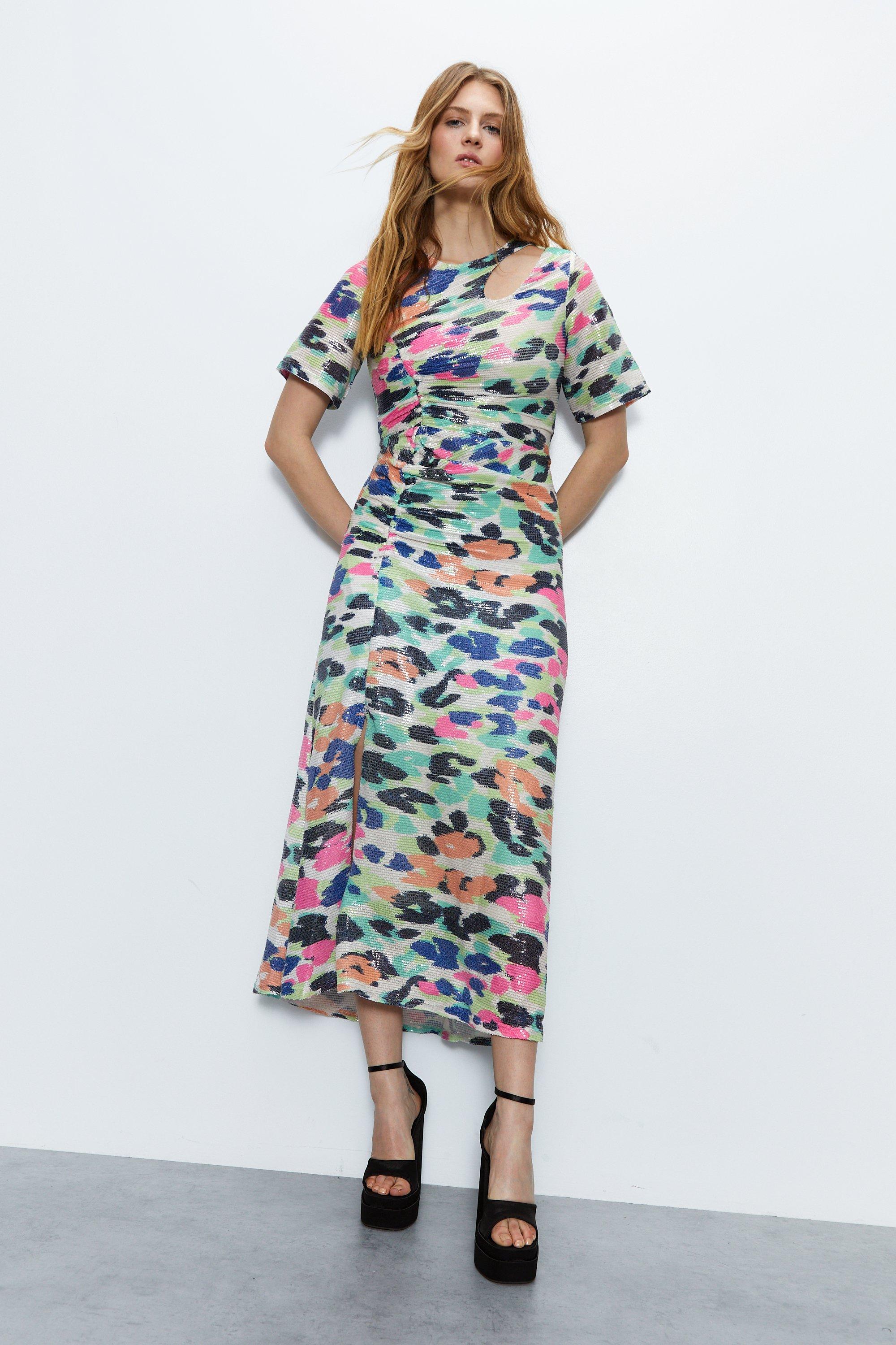Womens Printed Sequin Ruched Side Midi Dress - animal