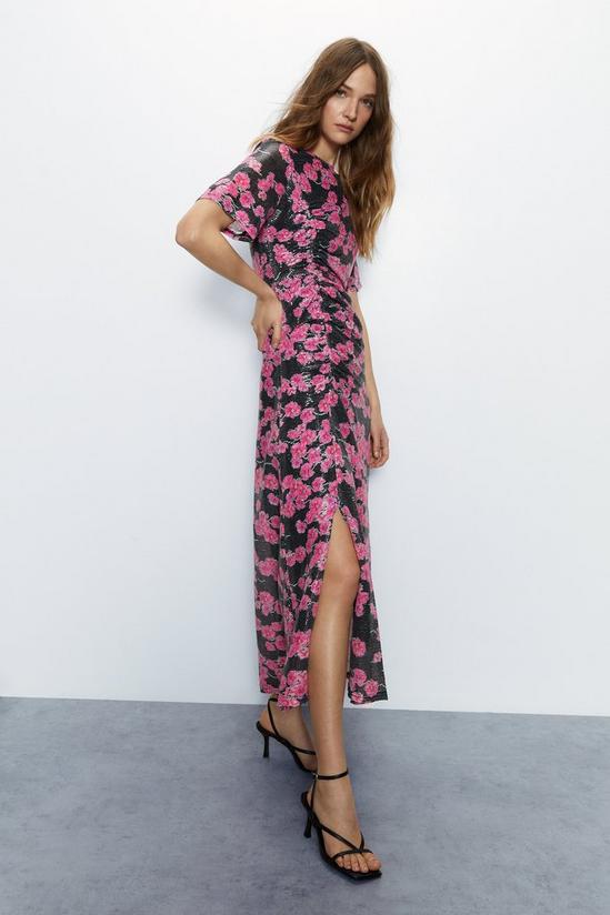 Warehouse Printed Sequin Ruched Side Midi Dress 3