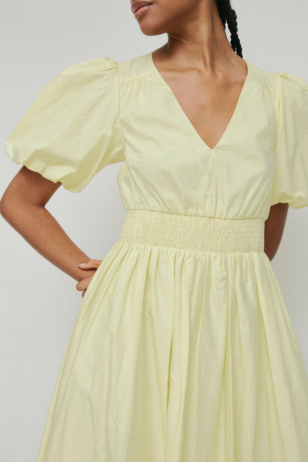Womens Cotton Poplin V Neck Puff Sleeve Midi Dress - lemon