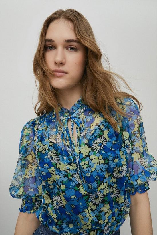 Warehouse Short Sleeve Tie Neck Blouse In Floral 2