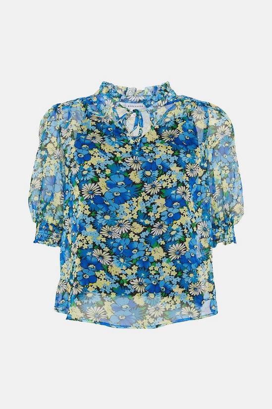 Warehouse Short Sleeve Tie Neck Blouse In Floral 4