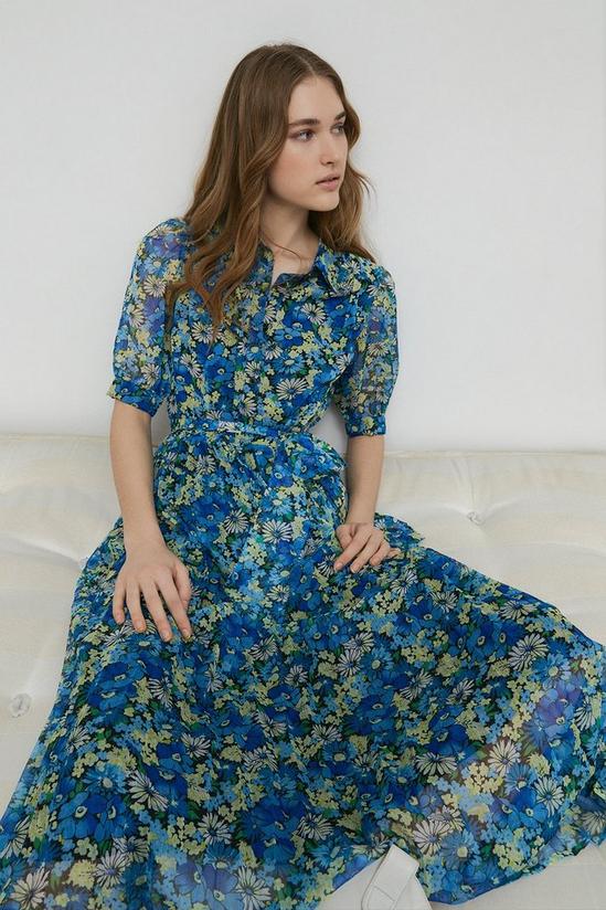 Warehouse Short Sleeve Pleated Midi Shirt Dress Floral 2