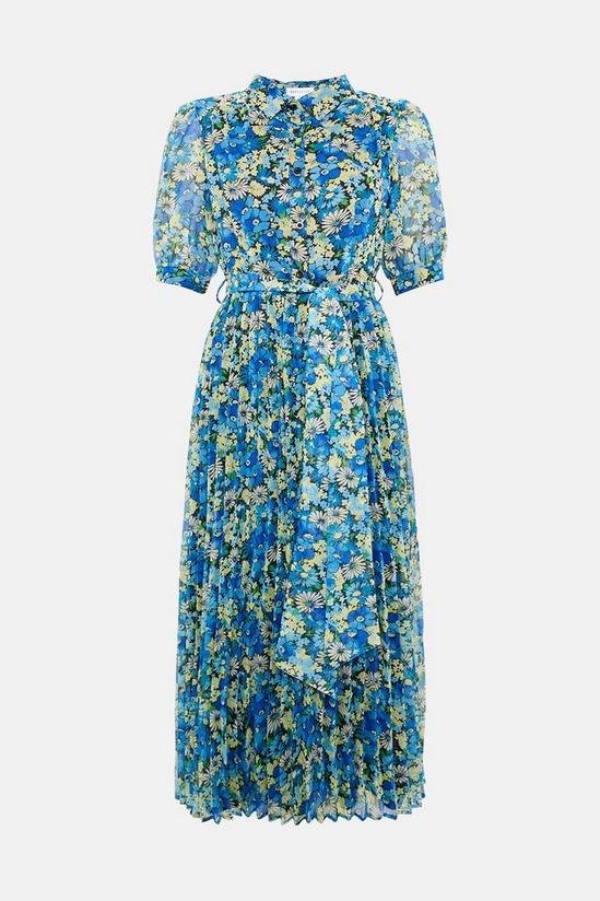 Warehouse Short Sleeve Pleated Midi Shirt Dress Floral 4