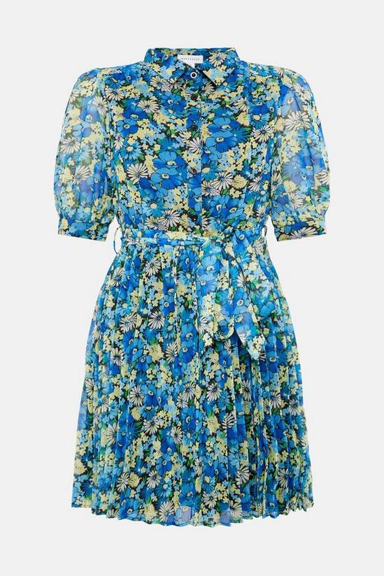 Warehouse Short Sleeve Pleated Mini Shirt Dress Floral 4