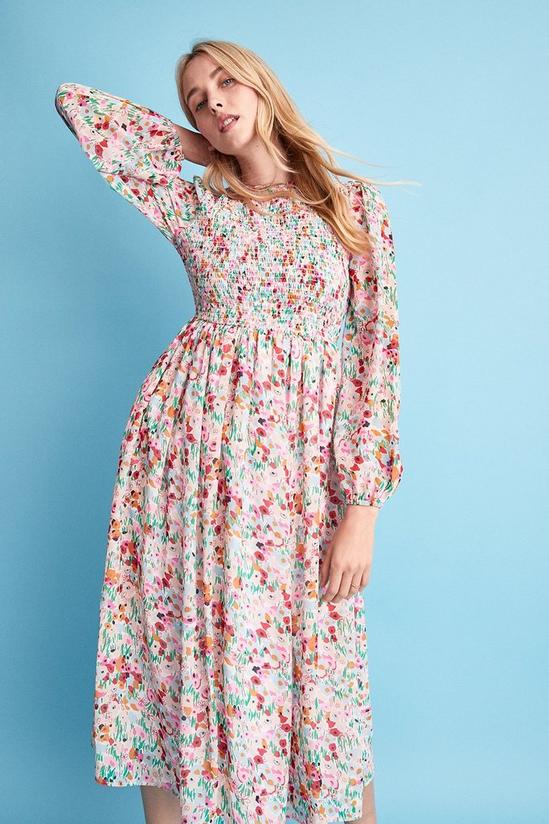Warehouse Shirred Midi Dress In Floral 1