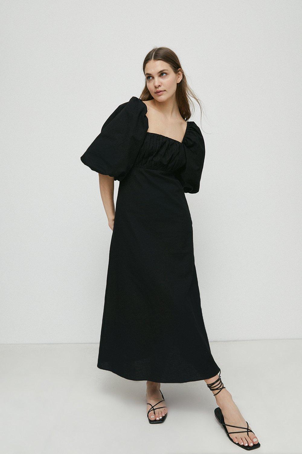 Womens Cotton Puff Sleeve Ruched Bodice Midi Dress - black