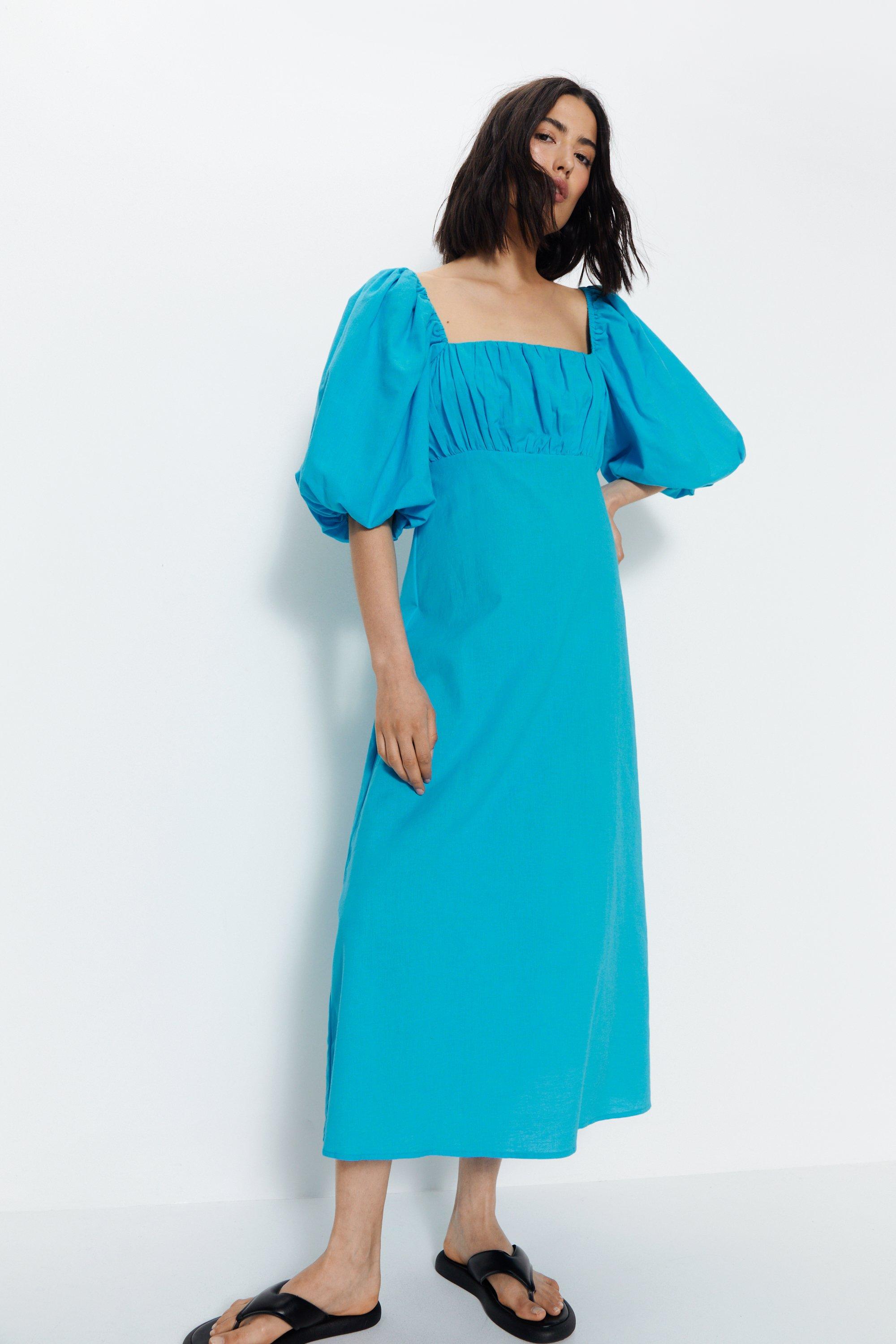 Womens Cotton Puff Sleeve Ruched Bodice Midi Dress - blue