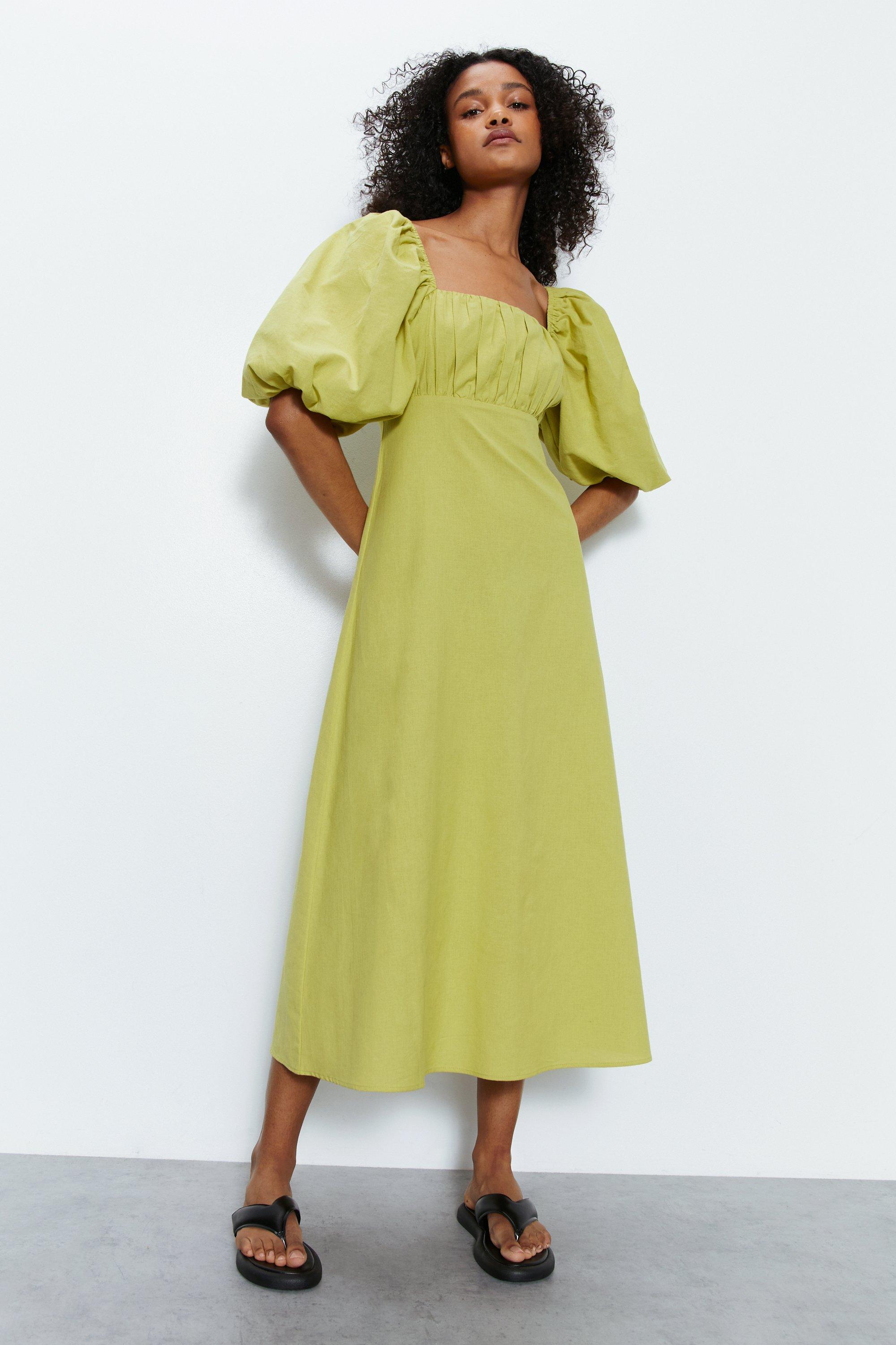 Womens Cotton Puff Sleeve Ruched Bodice Midi Dress - green