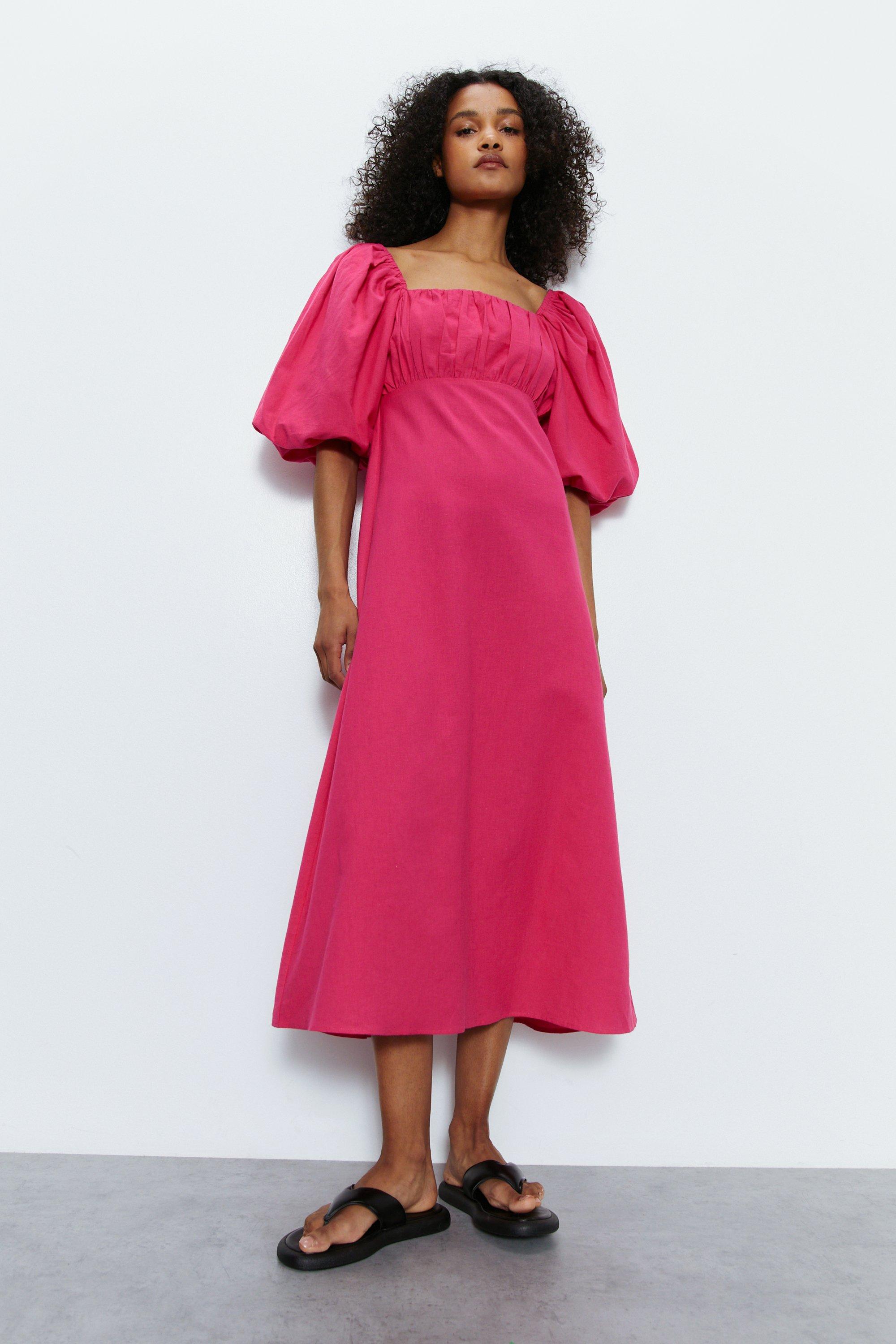 Womens Cotton Puff Sleeve Ruched Bodice Midi Dress - pink