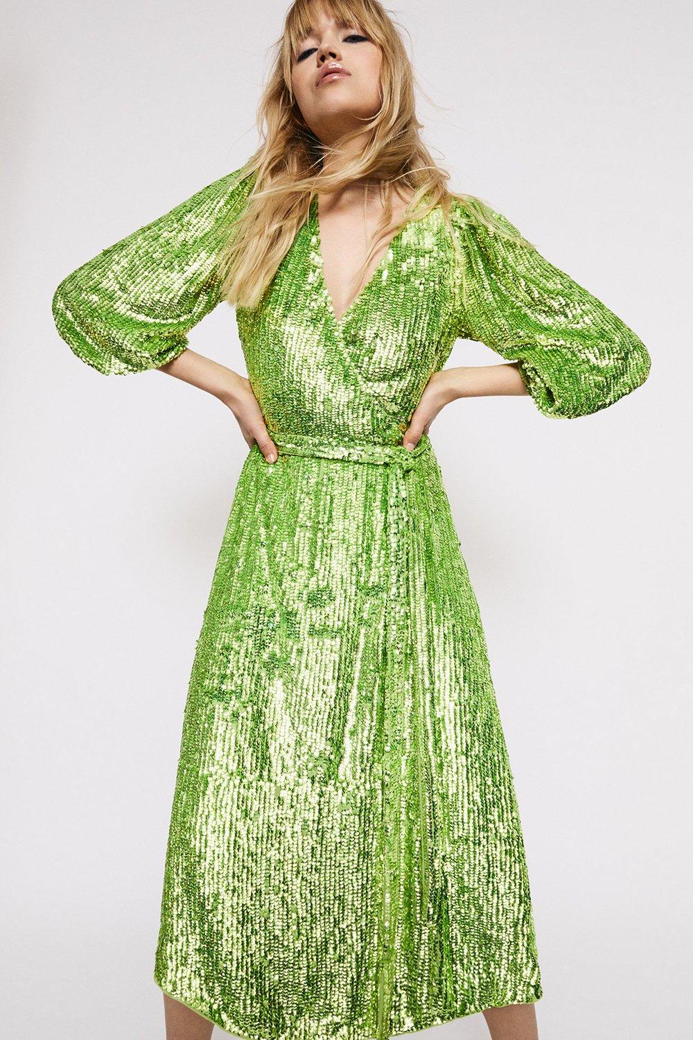 Womens Belted Sequin Midi Dress - green