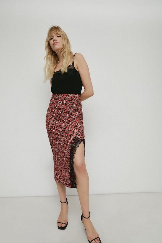 Warehouse Petite Printed Lace Trim Midi Skirt 1