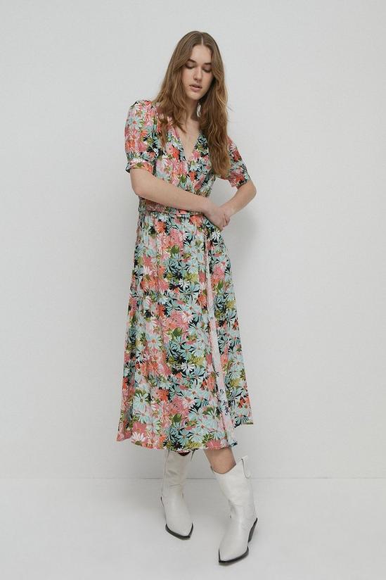 Warehouse Short Sleeve Wrap Midi Dress In Floral 1