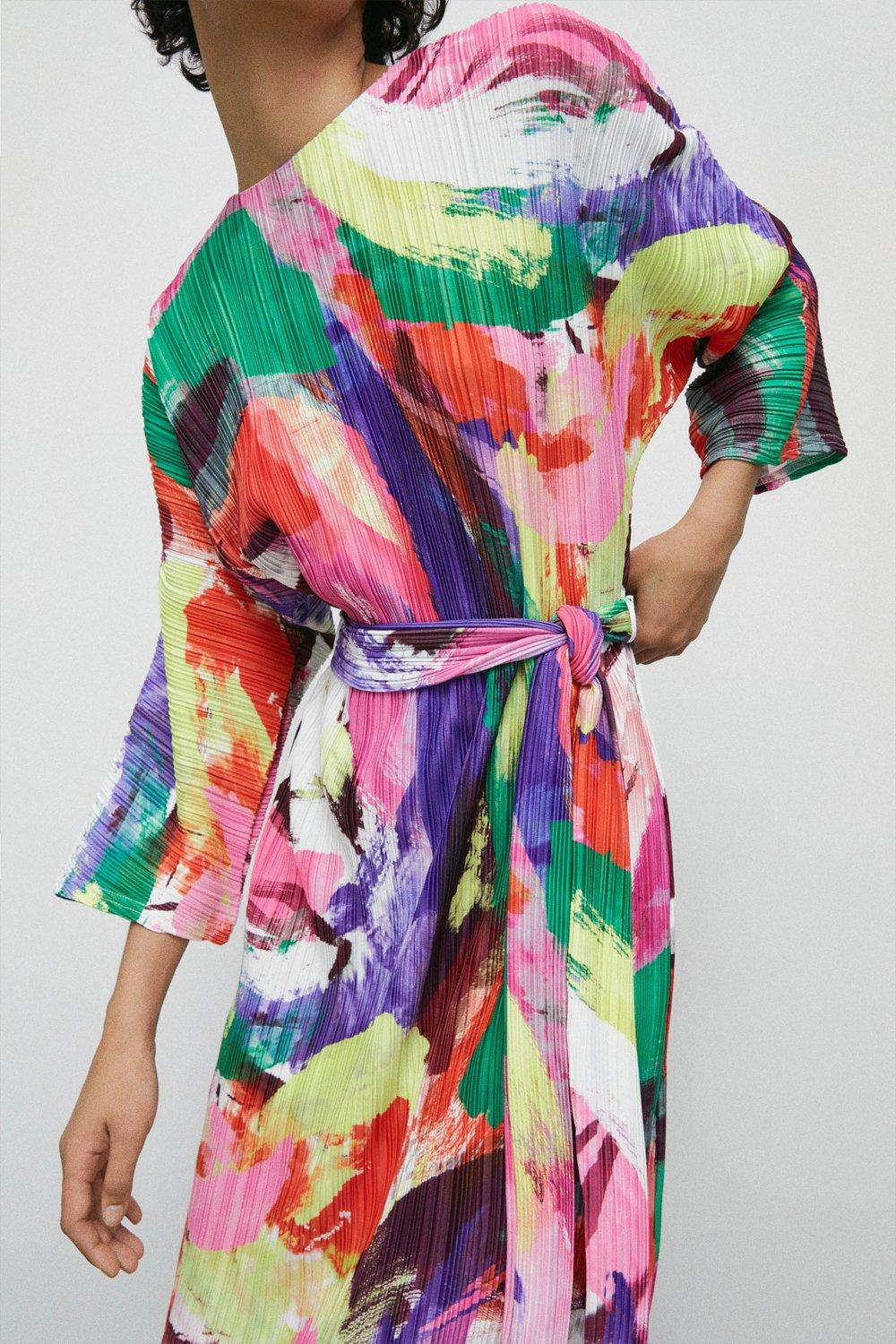 Womens Printed Plisse Batwing Midi Dress - multi