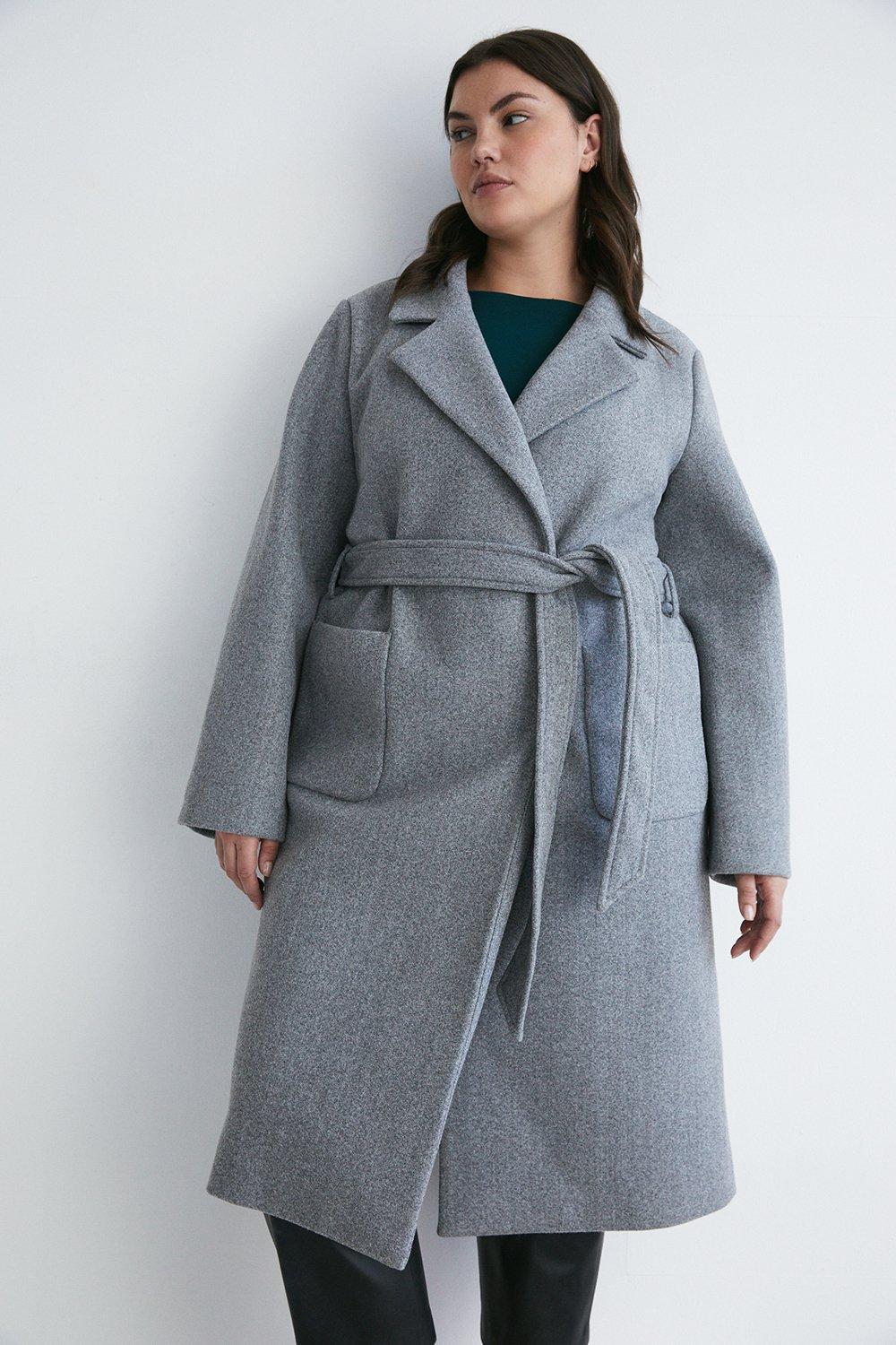 Womens Plus Size Wrap Front Belted Coat - grey