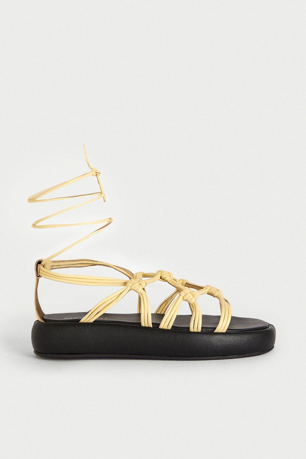 Womens Real Leather Knotted Flatform Sandal - butter