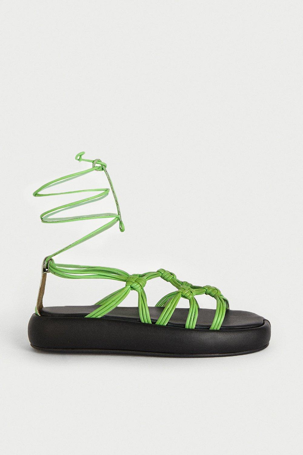 Womens Real Leather Knotted Flatform Sandal - green