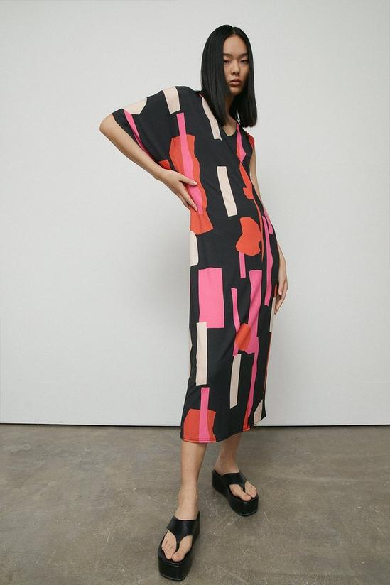 Warehouse Abstract Print Asymmetric Sleeve Midi Dress 1