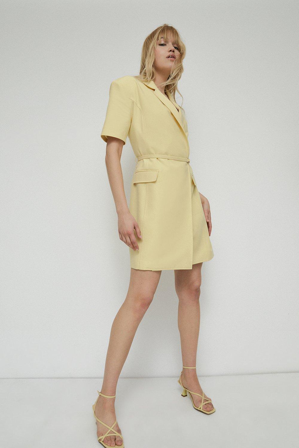 Womens Belted Tailored Blazer Dress - yellow