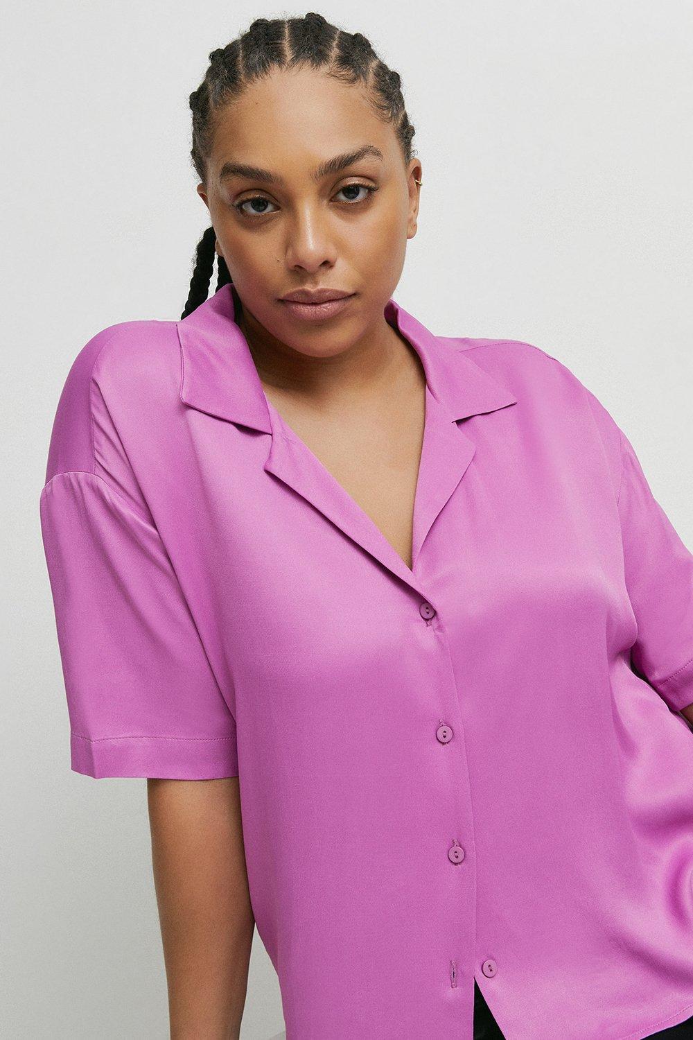 Womens Plus Size Satin Short Sleeve Resort Shirt - purple