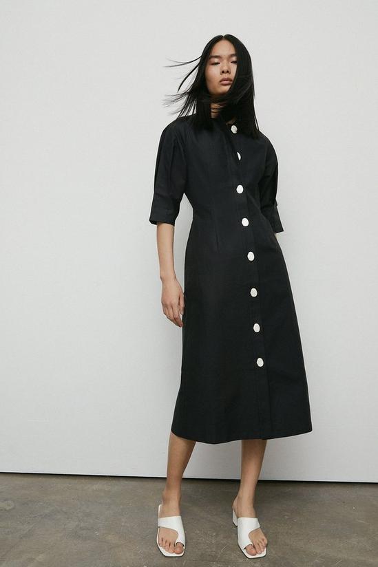 Warehouse Premium Cotton Tailored Midi Dress With Interest Button 1