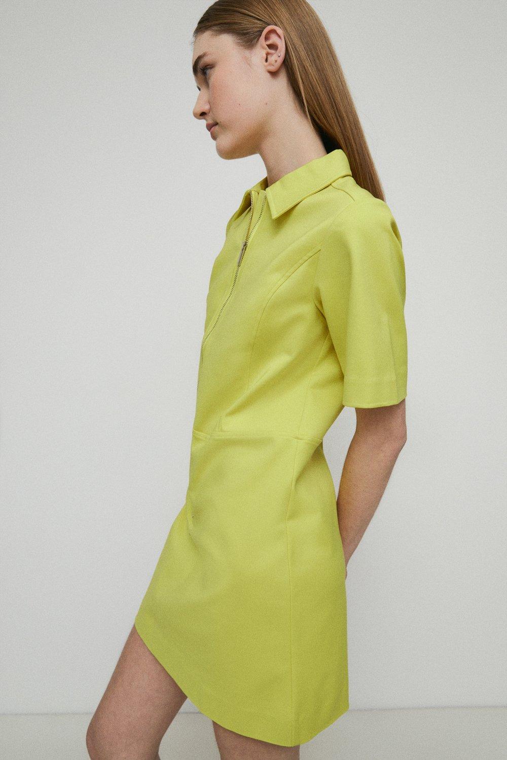 Womens Cotton Zip Detail A Line Mini Shirt Dress - lime