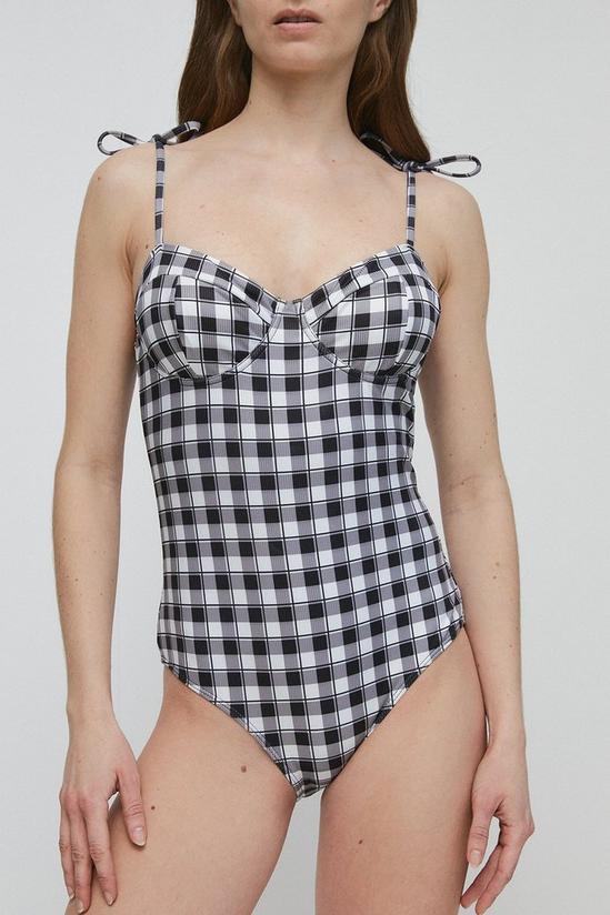 Warehouse Gingham Ribbed Tie Shoulder Cupped Swimsuit 1