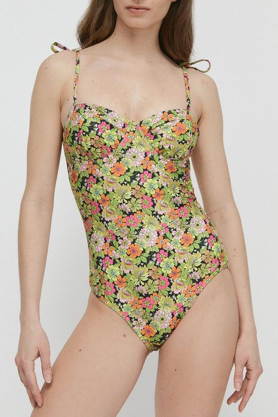 Warehouse Floral Ribbed Tie Shoulder Cupped Swimsuit 1