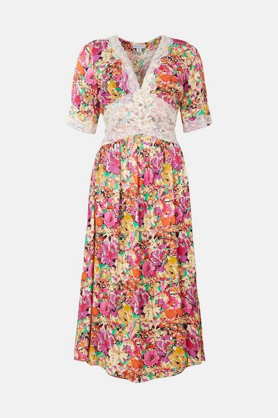 Warehouse Petite Satin Lace Tea Midi Dress In Floral 4