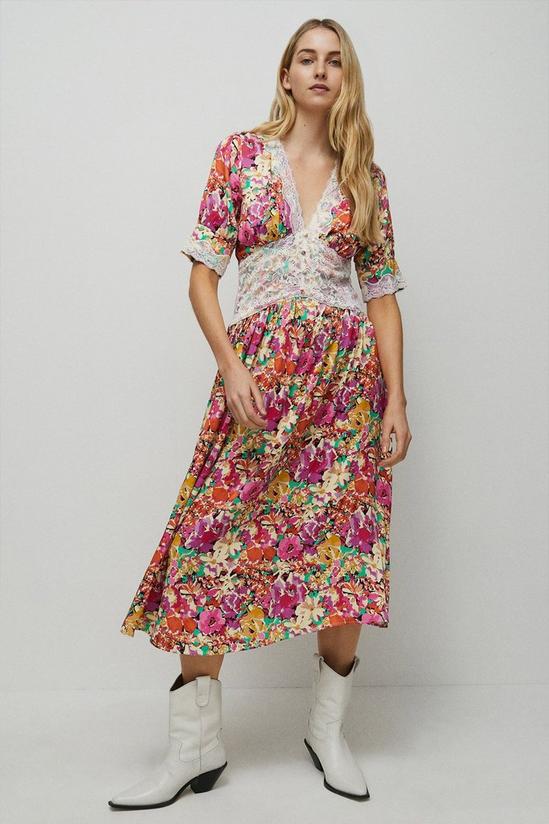 Warehouse Petite Satin Lace Tea Midi Dress In Floral 5