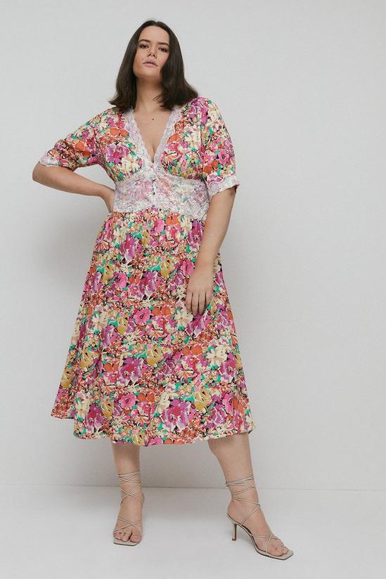 Warehouse Plus Size Satin Lace Tea Midi Dress In Floral 2