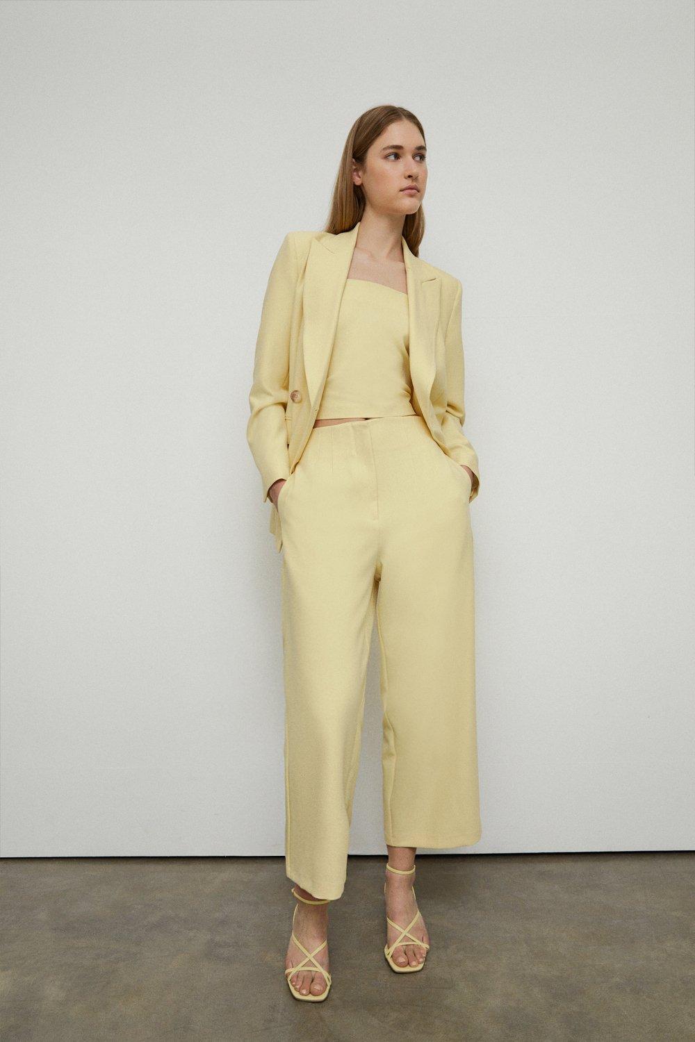 Womens Flat Fronted Tailored Wide Crop Trouser - yellow