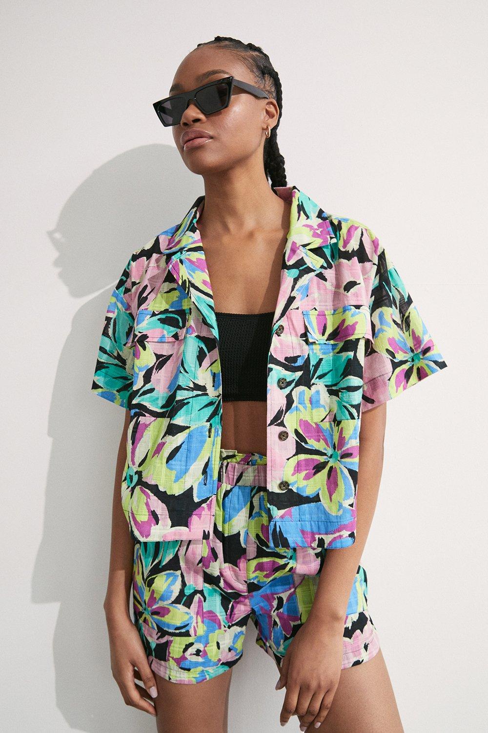 Womens Beach Floral Print Revere Collar Boxy Shirt - multi